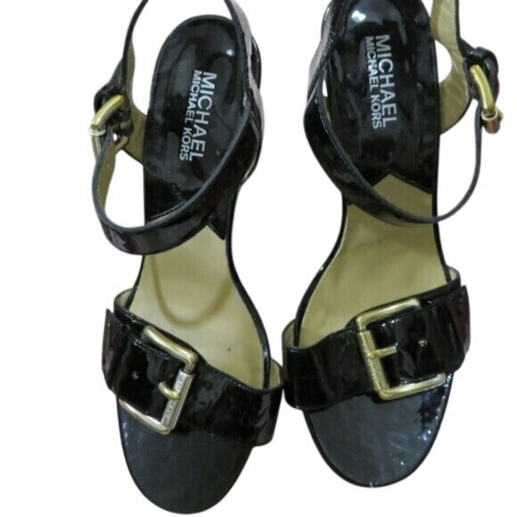 Michael Kors Embellished Buckled Black Italian Leather Wedge sandals heels - Picture 4 of 9